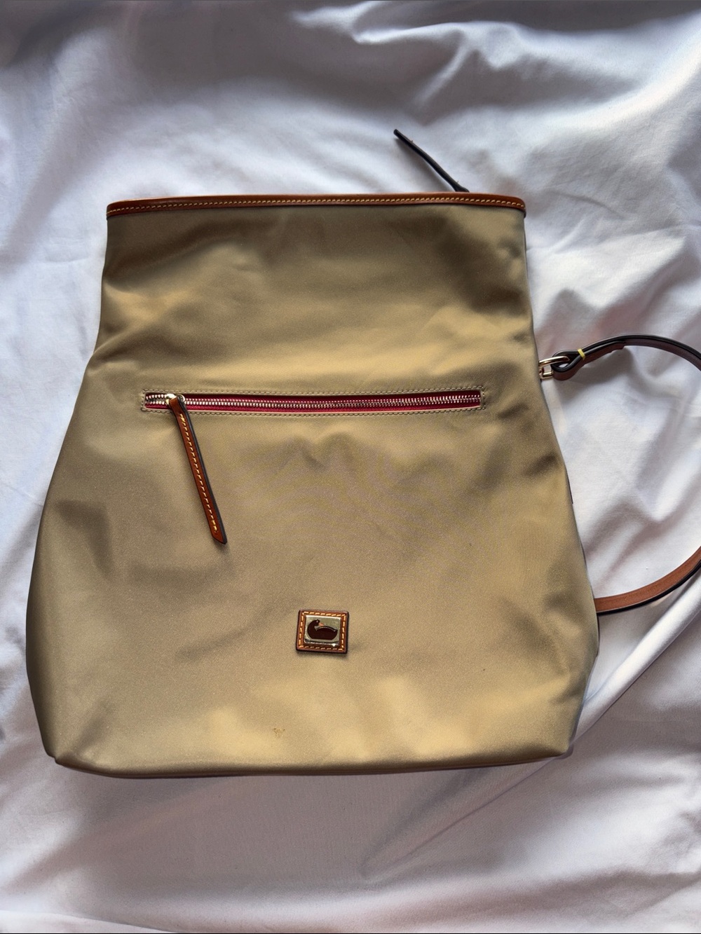 Dooney & Bourke Taupe Nylon Backpack with Tan Leather Trim and Red Zip